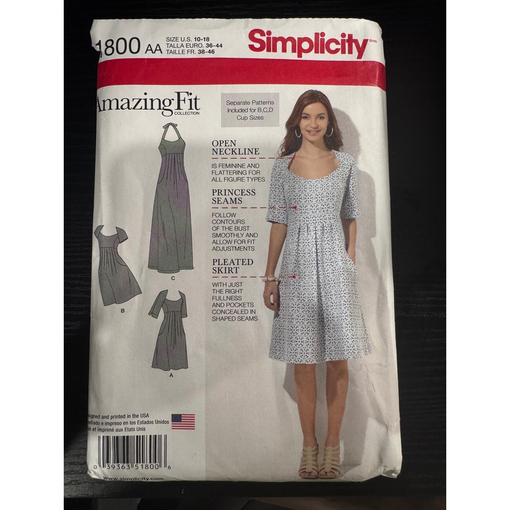 Simplicity 1800 Amazing Fit Dress Pattern Women Sz 10-18 White Excellent DIY